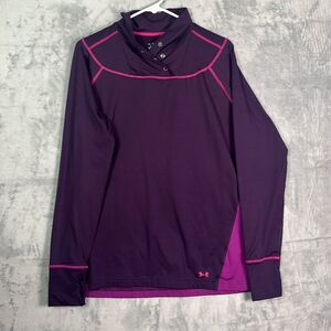 Under Armour Purple Cowl Button Neck Pink Stitch Pullover Thumbholes Size XL